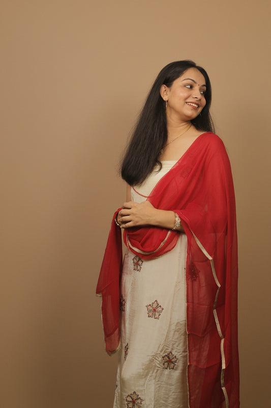 Elegant White Kurta Set with Red Dupatta – Hand Embroidered Detailing