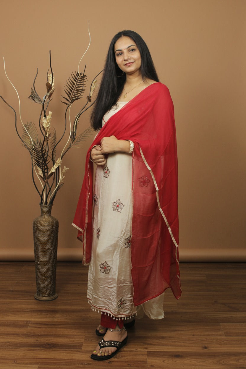 Elegant White Kurta Set with Red Dupatta – Hand Embroidered Detailing