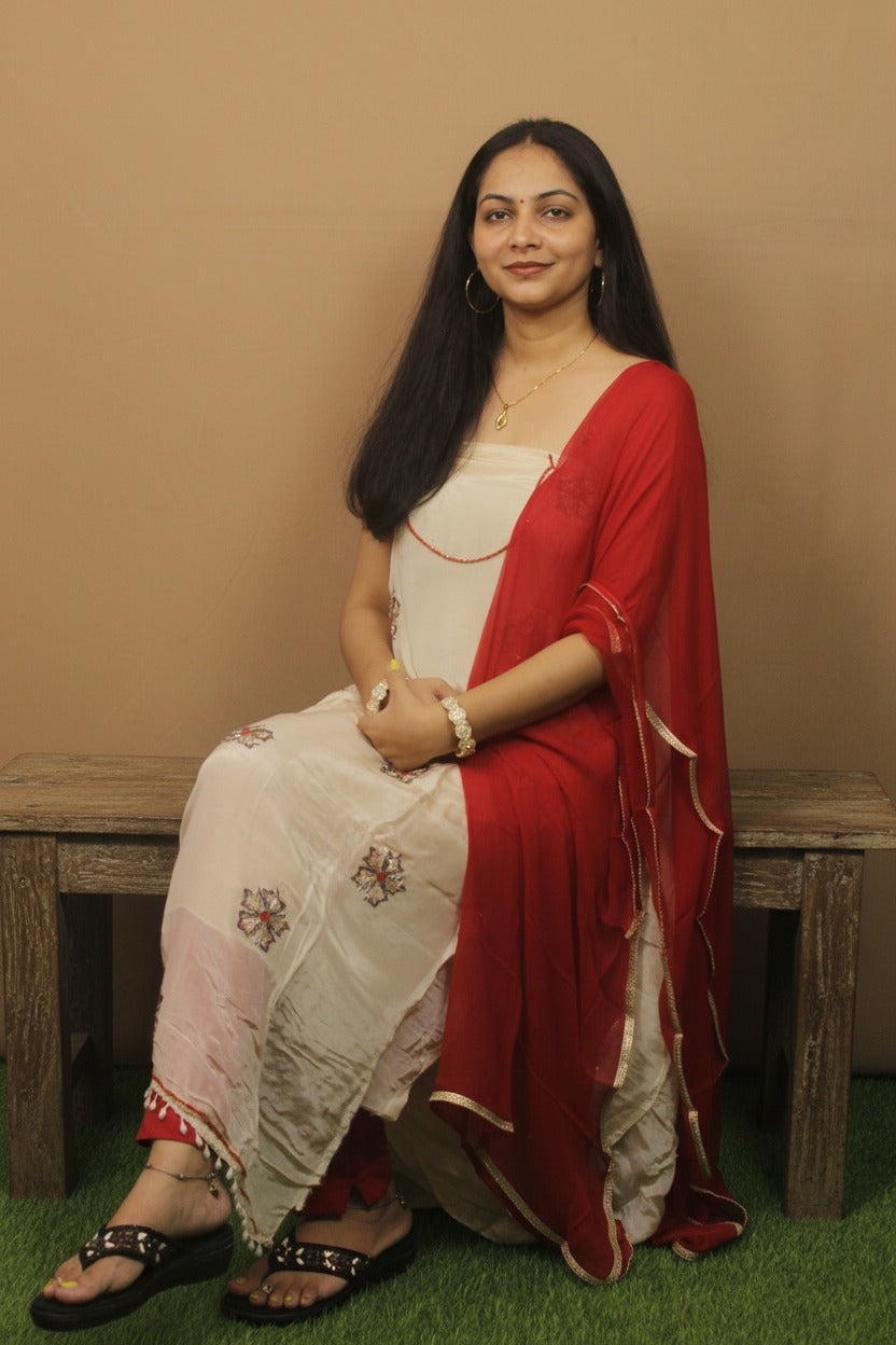 Elegant White Kurta Set with Red Dupatta – Hand Embroidered Detailing